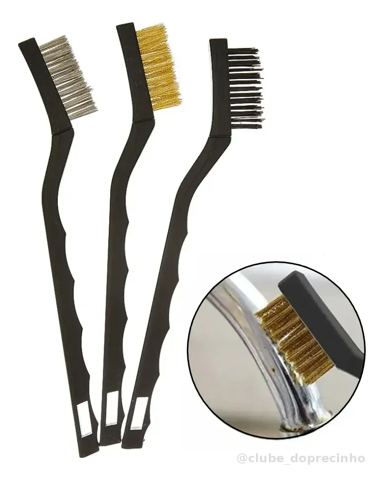 Kit 3 Escovas Mini Aço Nylon Latão Para Oficinas Limpeza Detalhe Remoção de Sujeiras