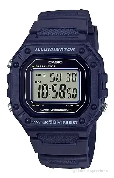 Relógio masculino Casio W-218h, malha azul escura, moldura preta, fundo cinza