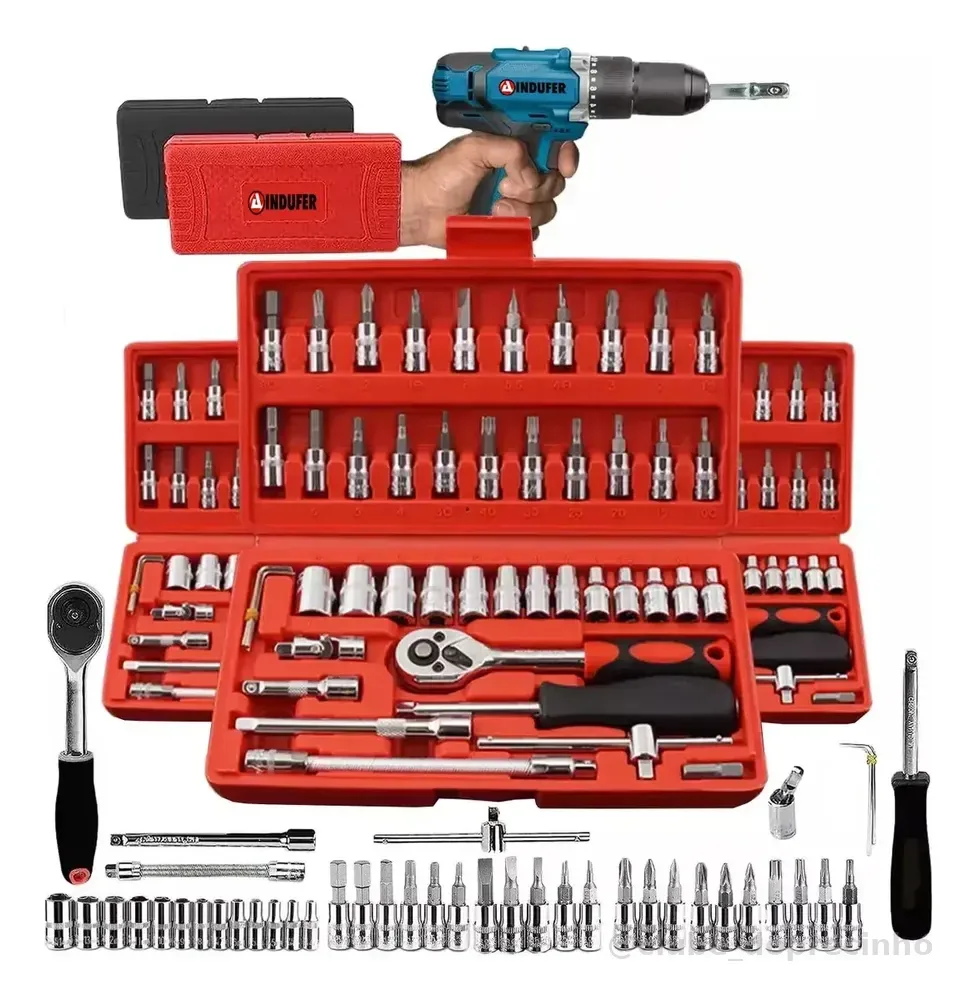 Kit Chave Catraca Soquete 46 Peças Indufer em Cromo Vanádio, para Manutenção de Carros e Motos