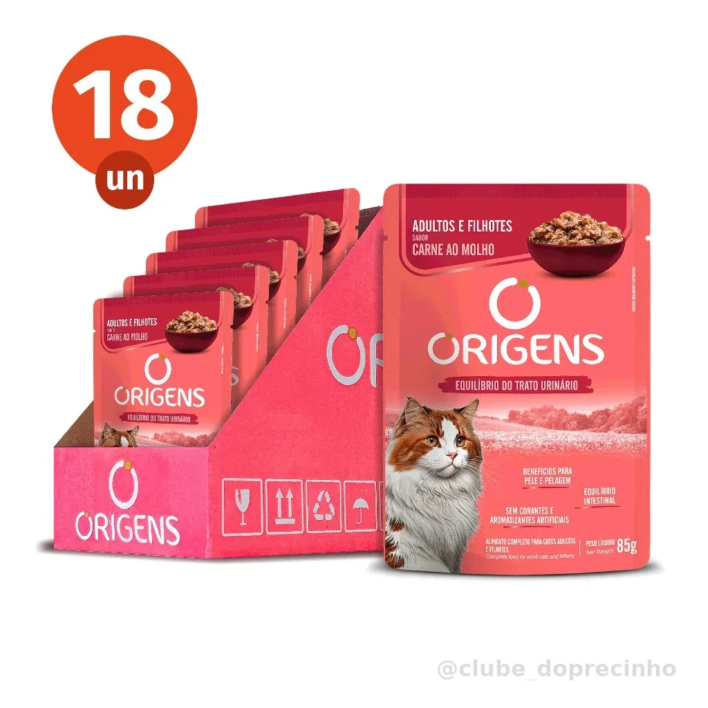Kit CAIXA FECHADA 18 Sachê Origens Gatos Adultos e Filhotes Sabor Carne ao Molho Premium Especial 85g Adimax