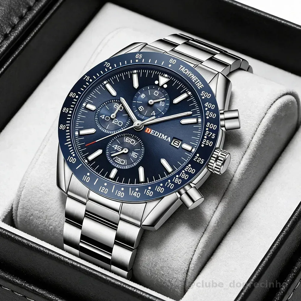 Relógio Masculino Original Aço Quartzo Luminoso D' Água Data Azul