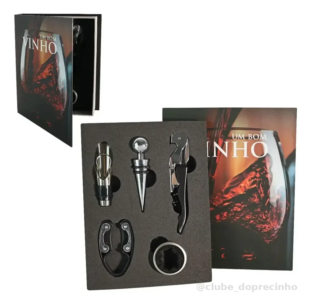 Kit Vinho 5 Peças: Abridor, Dosador, Saca Rolhas E Tampa