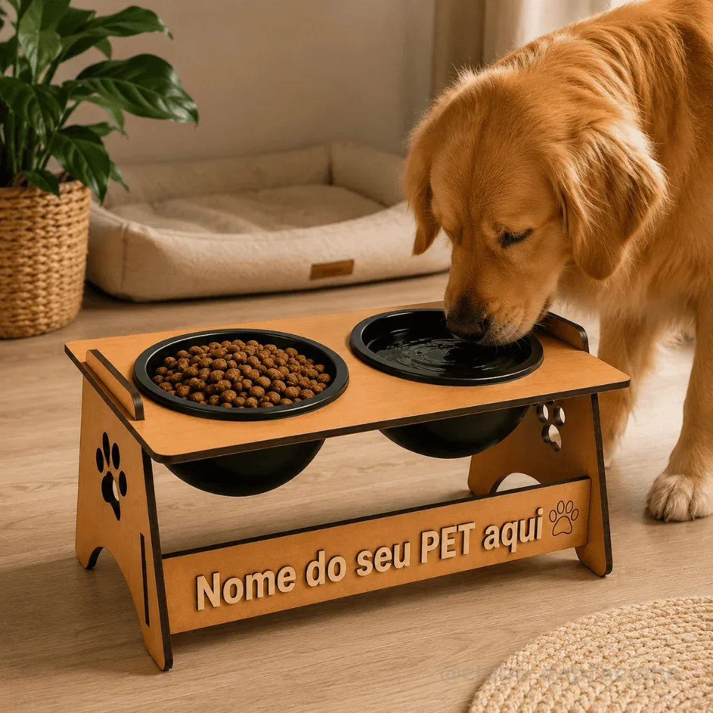 Comedouro e Bebedouro PERSONALIZADO Elevado Para Cachorro e Gato - Marrom