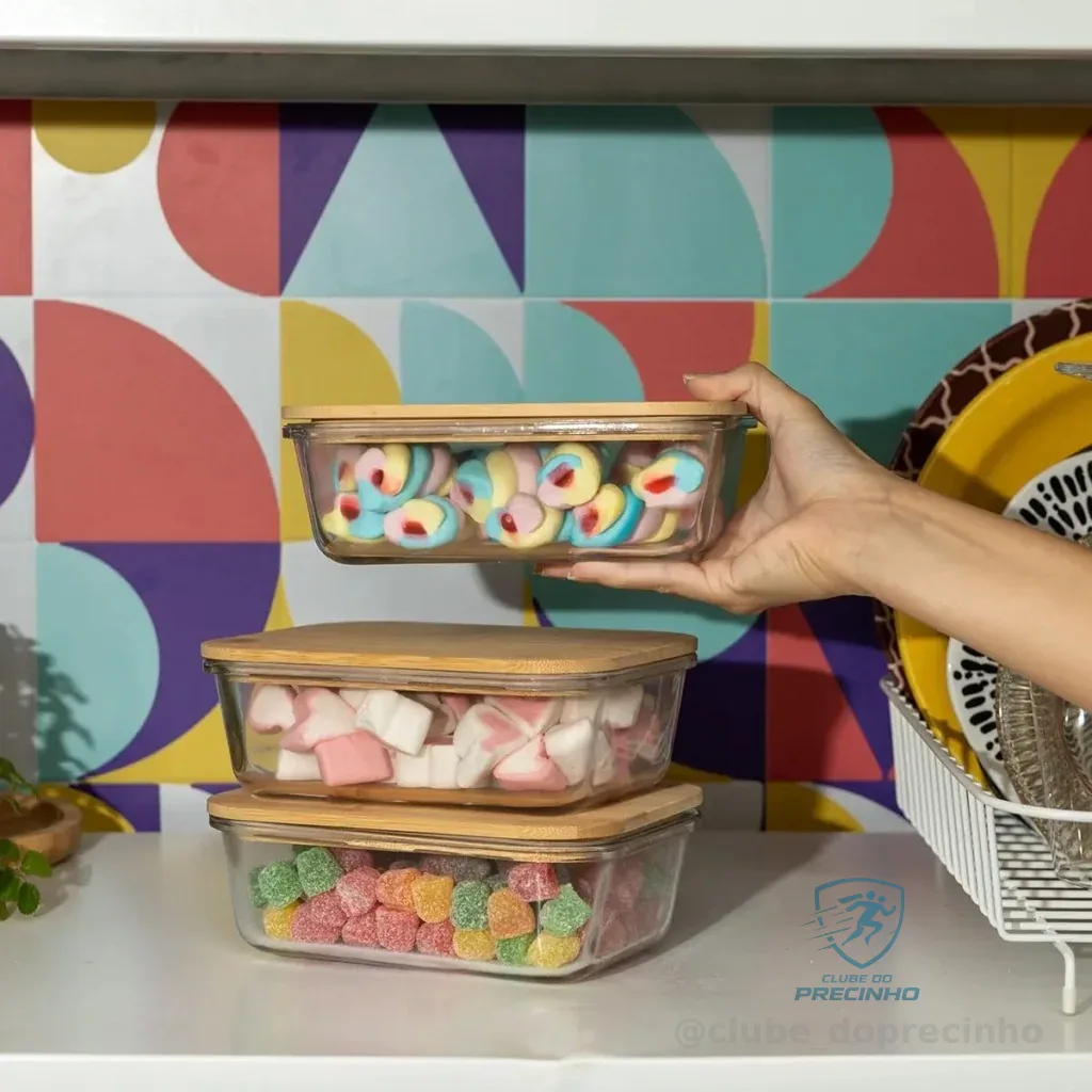 Kit 3 Potes Herméticos Vidro Tud Tampa Bambu 1l Retangular Marrom-claro