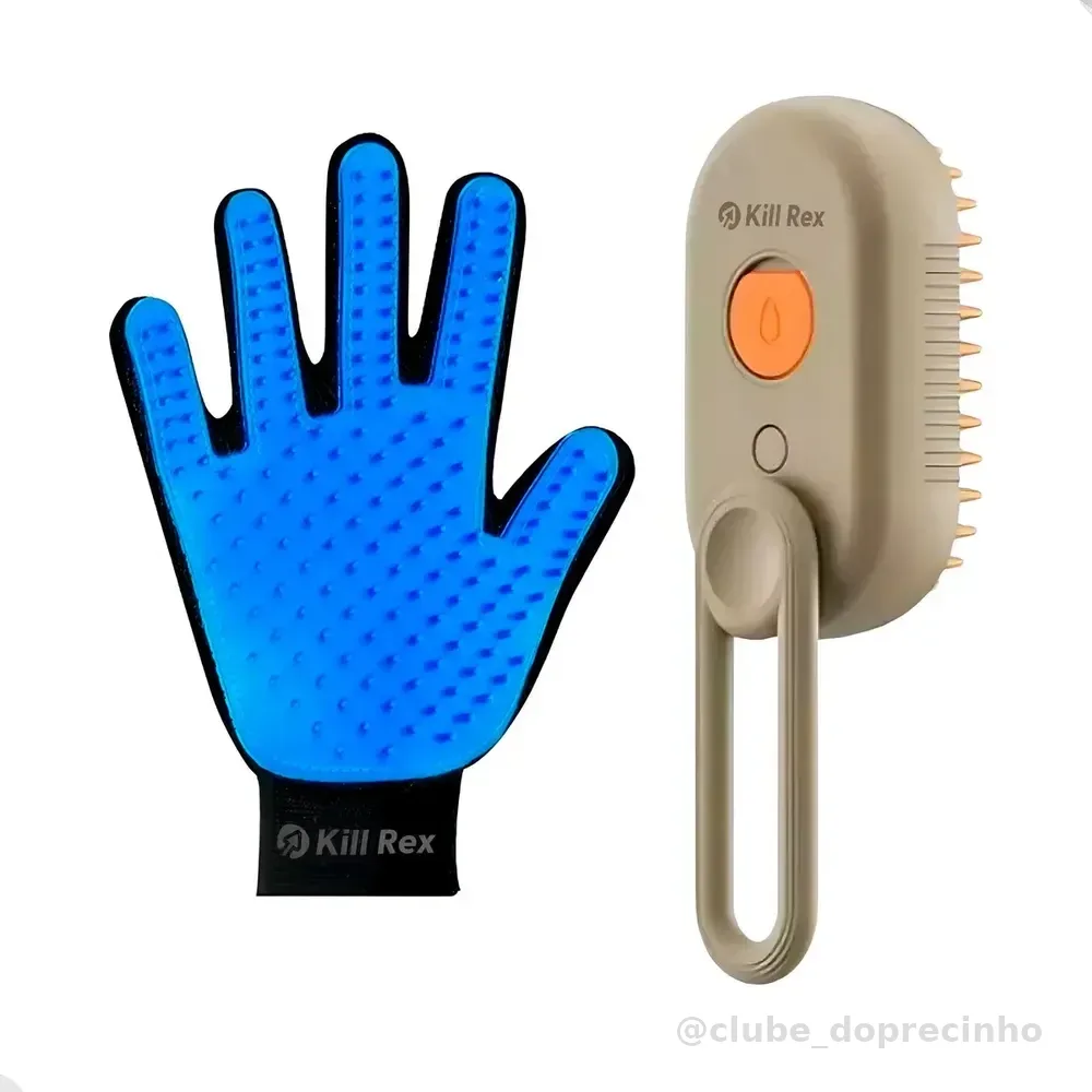 Kit Escova A Vapor Pet + Luva Rasqueadeira Tira Pelos Cachorro Cães Gato Removedor De Subpelo Escova Massageadora Banho