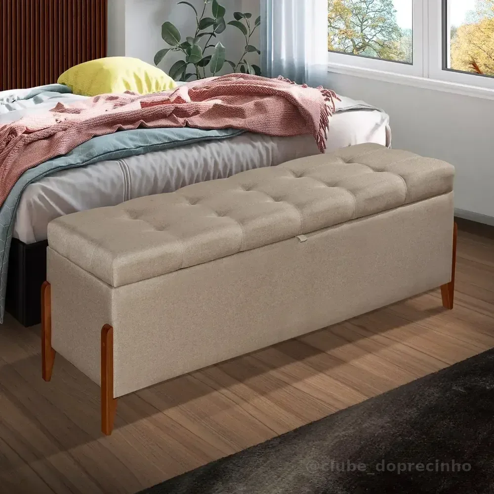 Sapateira Baú Recamier Viena 135cm de Linho Bege Com Assento