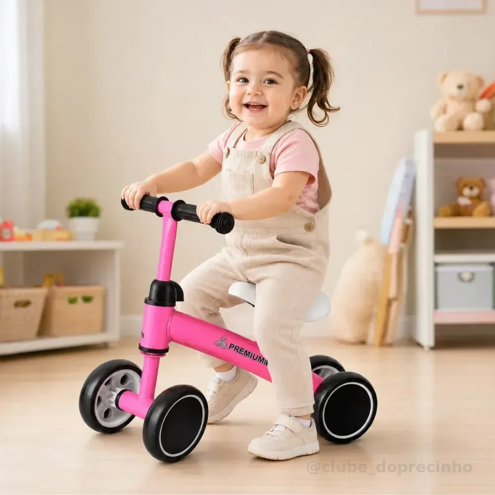Bicicleta De Equilíbrio Bebê 4 Rodas Antitombo Premium Rosa