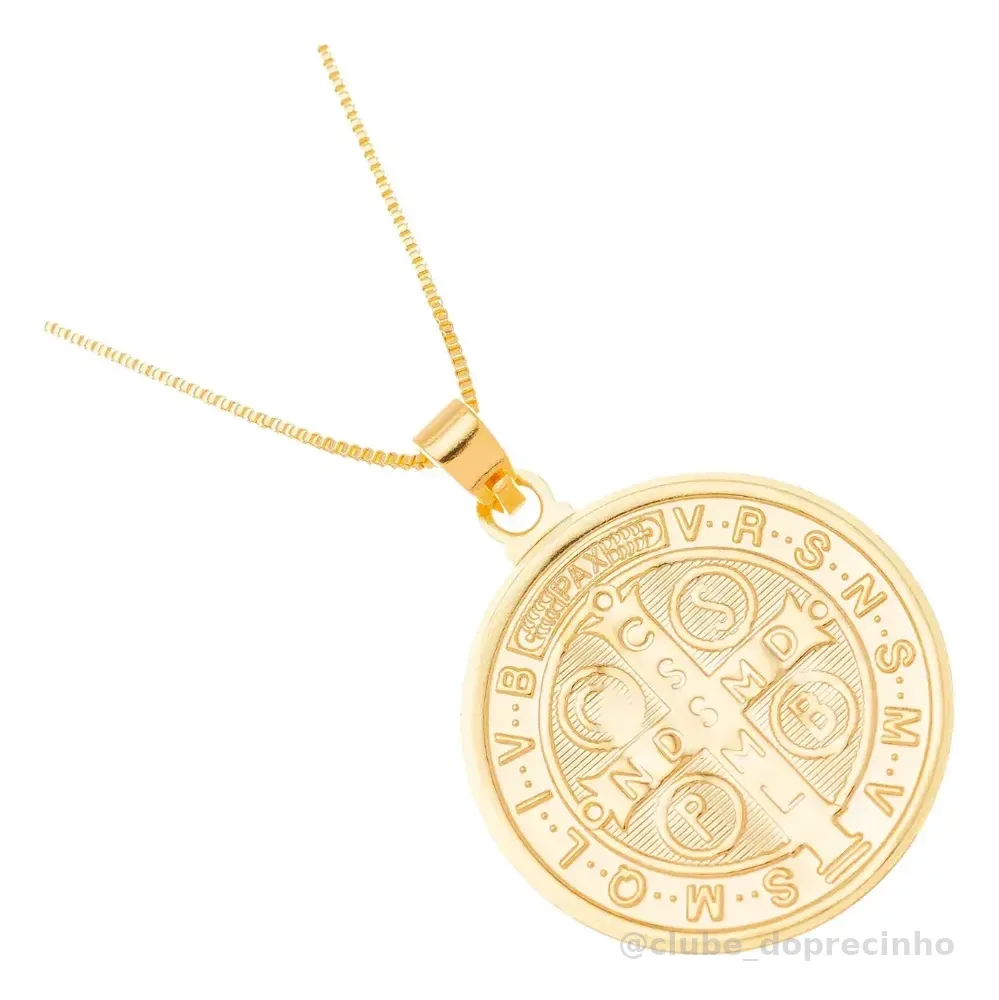 Colar Corrente Medalha De São Bento Folheada A Ouro Semijoia Dourado