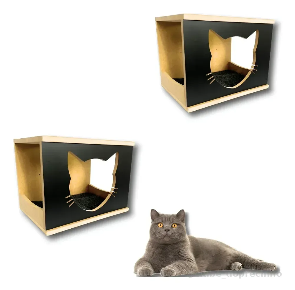 Toca Gato 2pcs Kit Montado Casinha Nicho Mdf 15mm Resistente Cor Preto