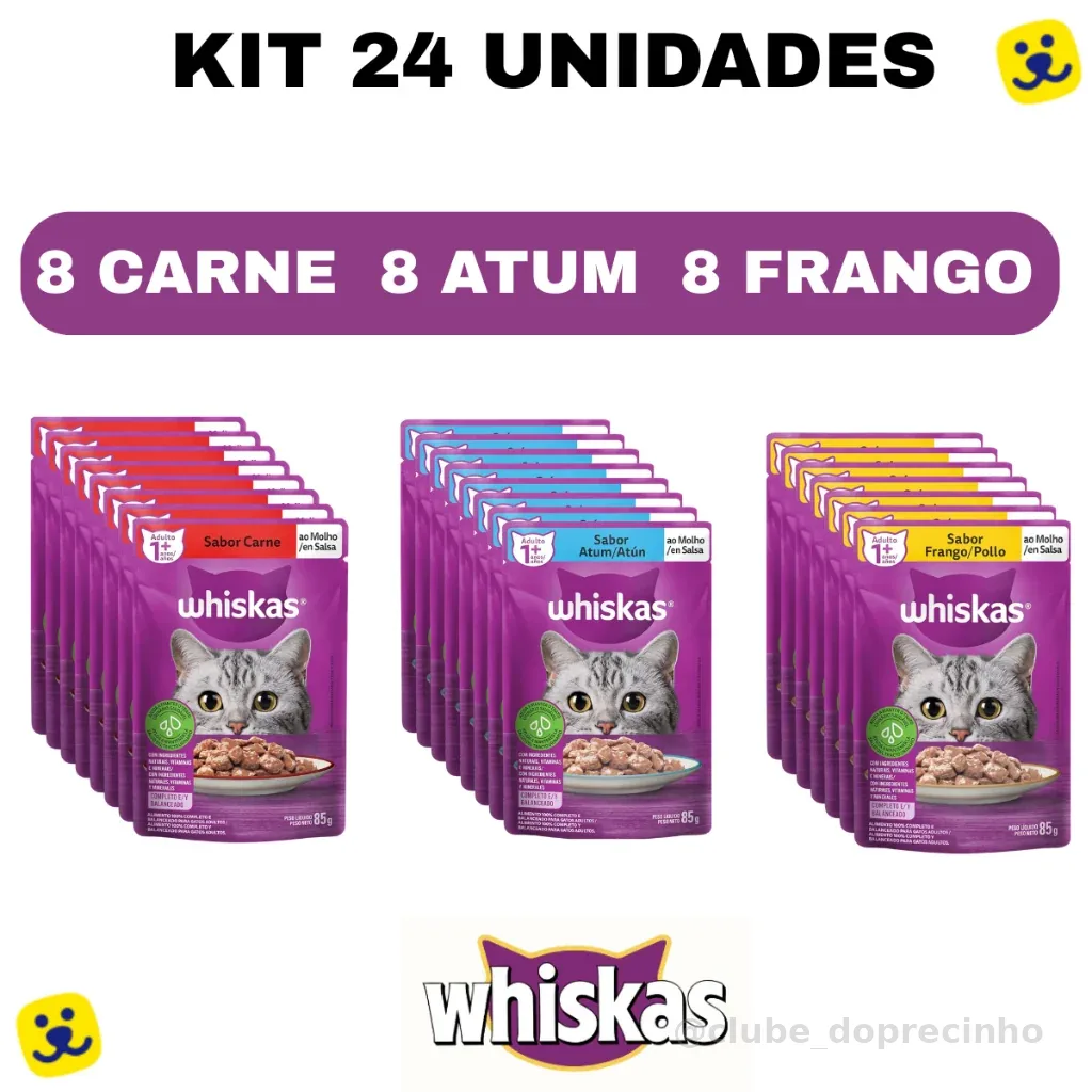 Kit 24 unidades Whiskas Sachê 85g Sachê para Gatos Adultos Sabores Frango Atum Carne Alimento Úmido