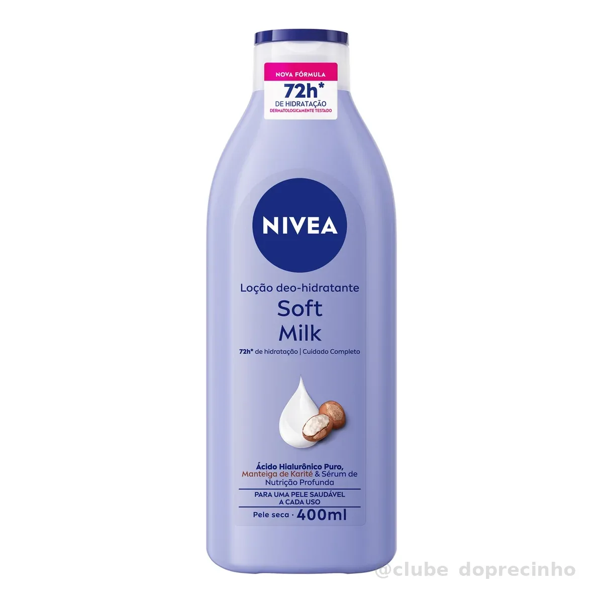 NIVEA Loção Deo-Hidratante Soft Milk 400ml, Hidratação Profunda 72h, Hialurônico Puro, Corporal, Pele Seca