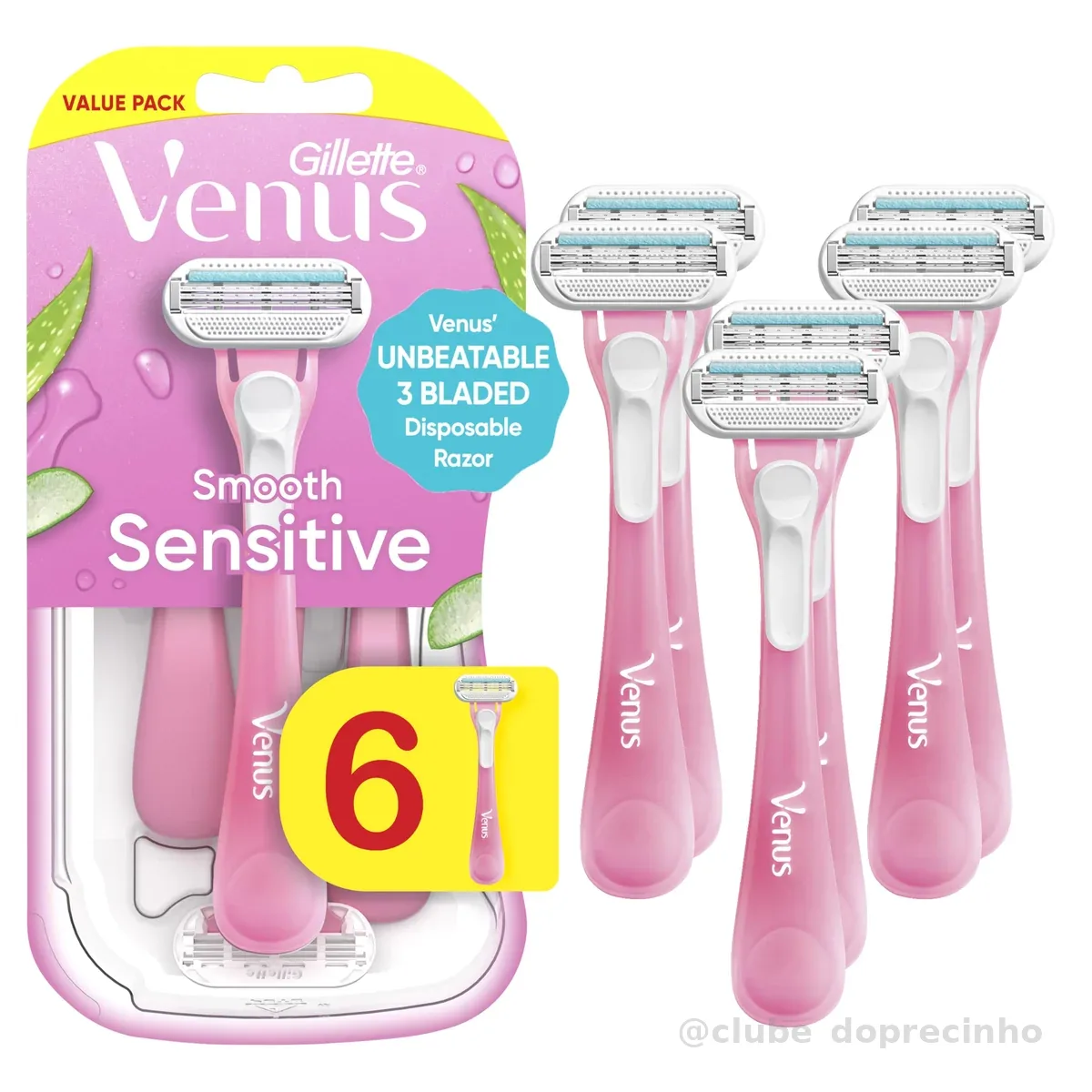 Gillette Venus Lâminas descartáveis sensíveis para mulheres com pele sensível, 6 unidades, proporciona um barbear rente com conforto