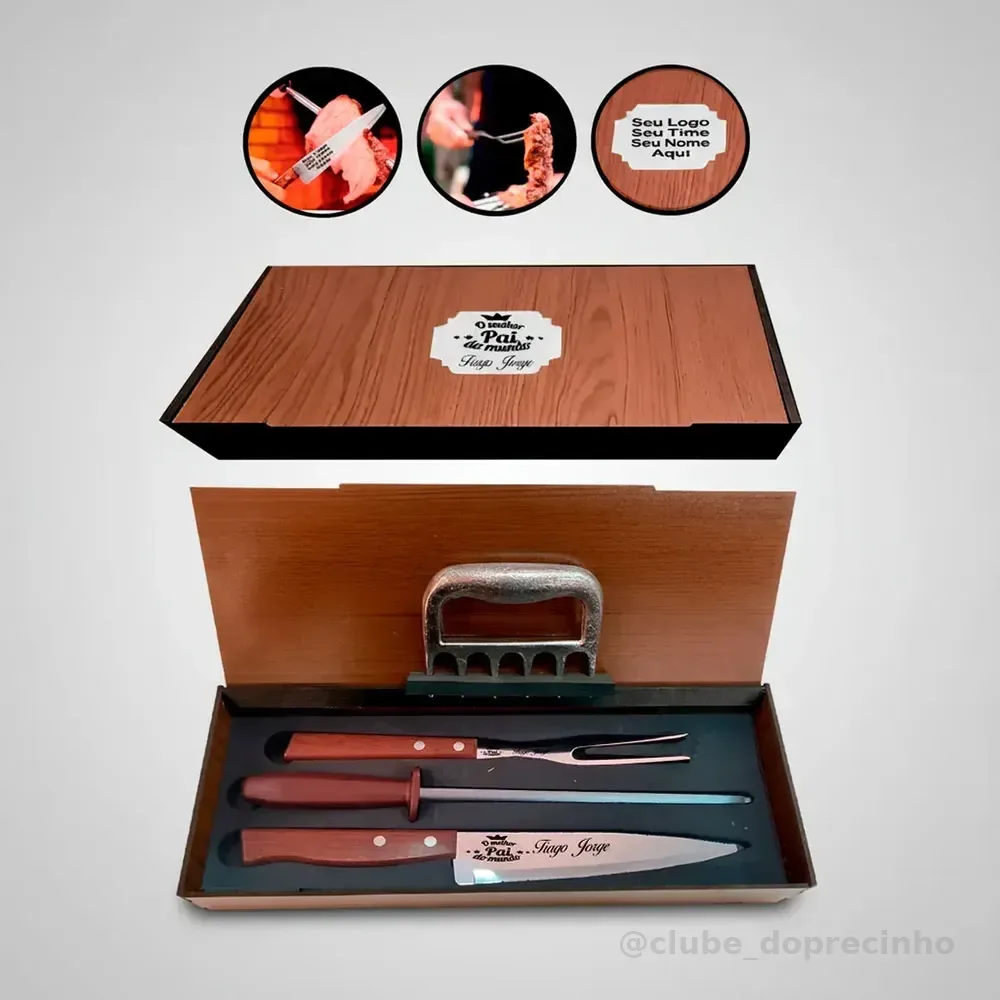 Kit 3 Pecas Churrasco Tramontina Garra Caixa Personalizado Kit Madeira