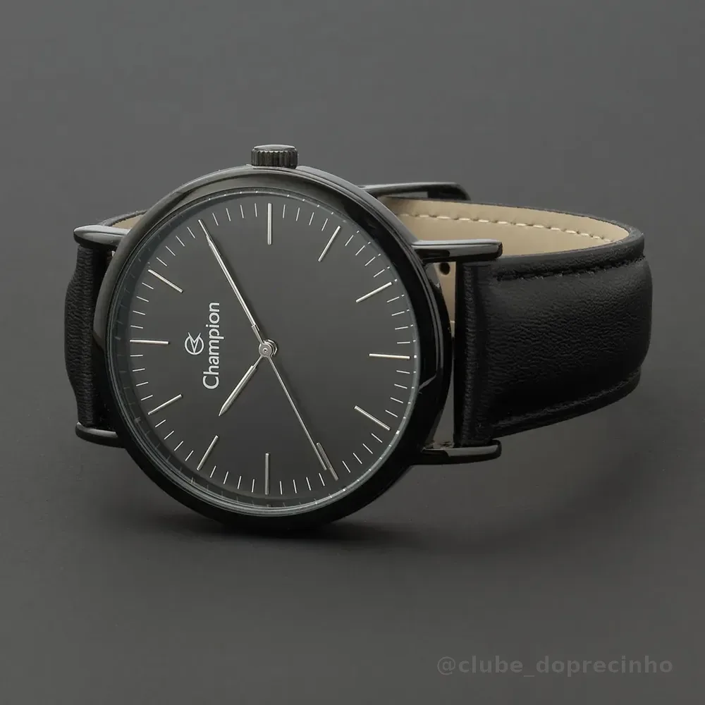 Relogio Masculino Preto Champion Clássico Couro Fundo Preto Preto