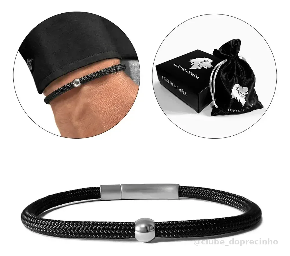 Pulseira Masculina de Corda Preta e Fecho Aço Inox - Owen - 21 Cm