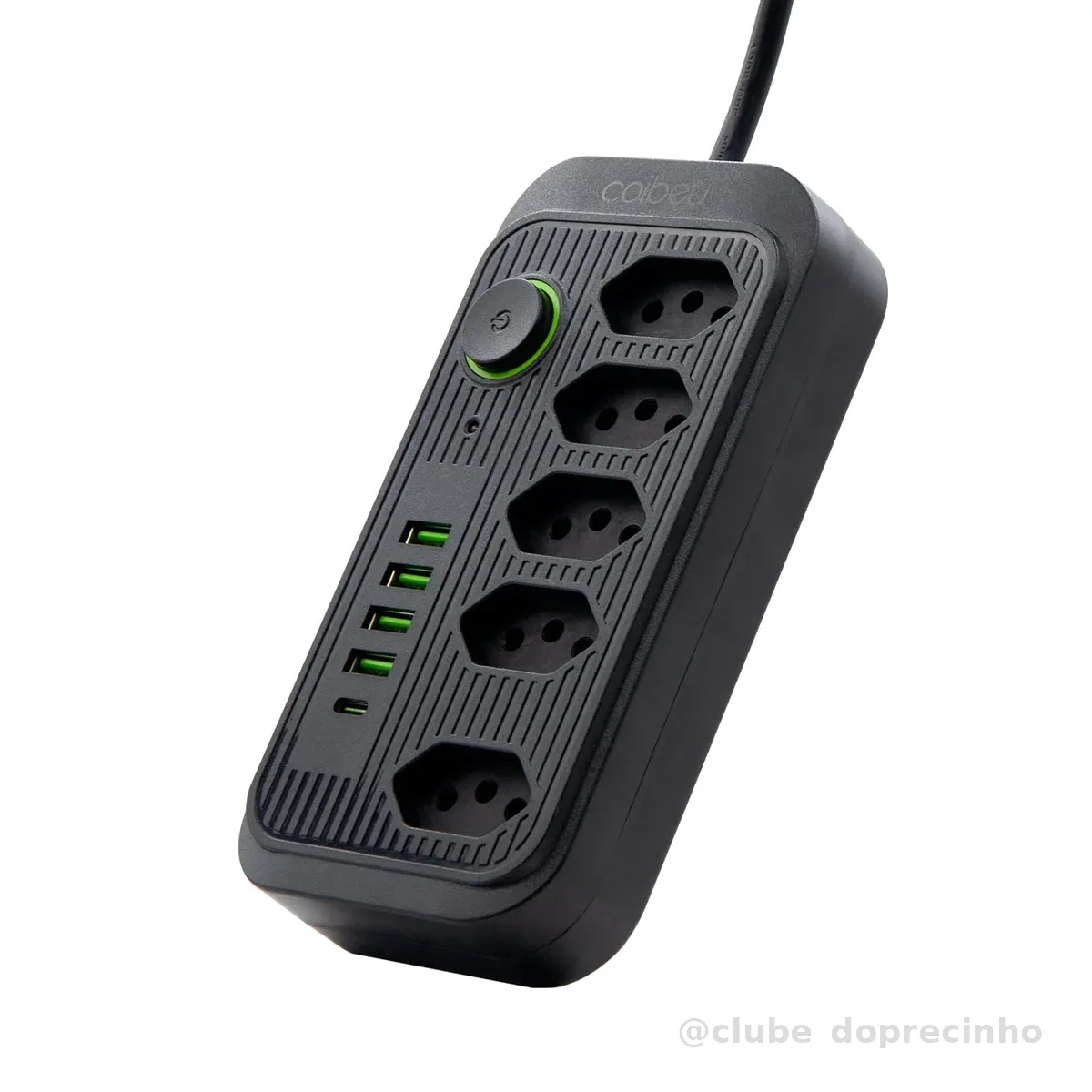 Extensão Tomada, Régua Tomada, Régua de Energia, 5 Tomadas, 4 Interfaces USB, 1 Porta USB Tipo-C, Cabo de Alimentação de 1,9 metros, Suporte a Tensão de 110-220V, Potência de 2500W (Preto)