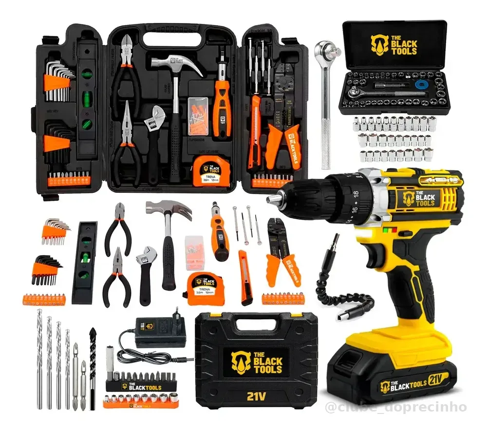 Furadeira Parafusadeira De Impacto 2 Baterias 21v 3/8 Com Kit Jogo De Ferramentas 169 Peças Com Maleta The Black Tools