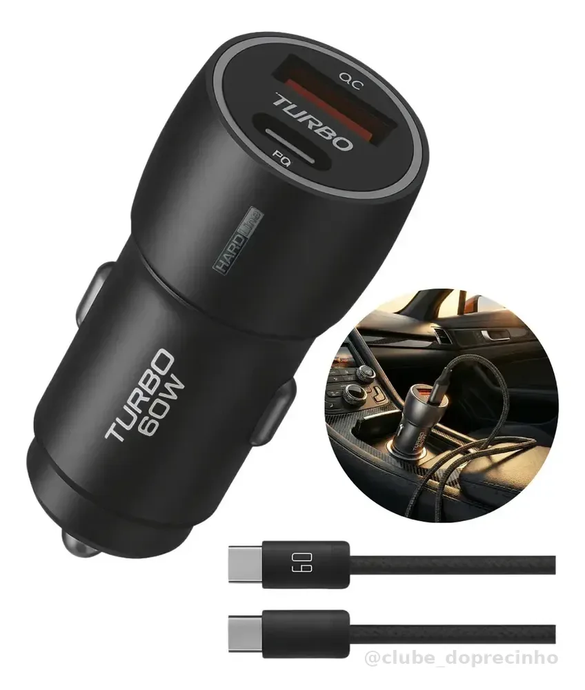 Kit Carregador Veicular Hardline 60W USB-A e USB-C com Cabo para Carro