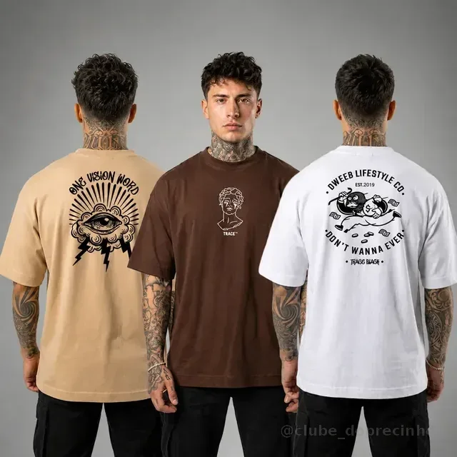 Kit 3 Camiseta Oversized Masculina Trace Black 100% Algodão