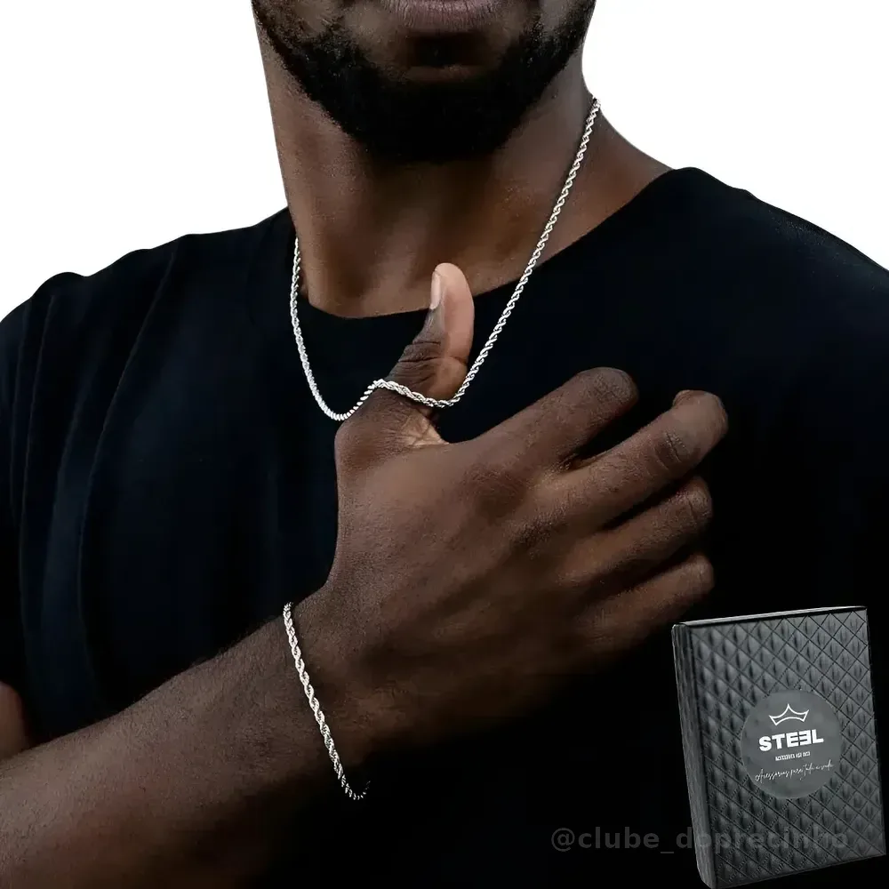 Conjunto Corrente E Pulseira Masculino Cordão Baiano 4mm por 60cm Aço Inox Pode Molhar Cor Prateado - STEEL