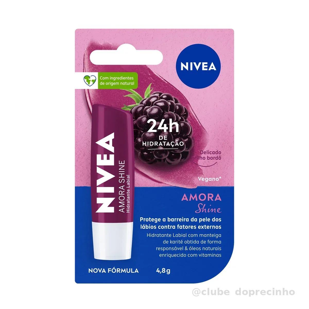 NIVEA Hidratante Labial Amora Shine 4,8g, Hidratação Intensa 24h, Cor Suave, Brilho Delicado, Cuidado Diário, Manteiga de Karité