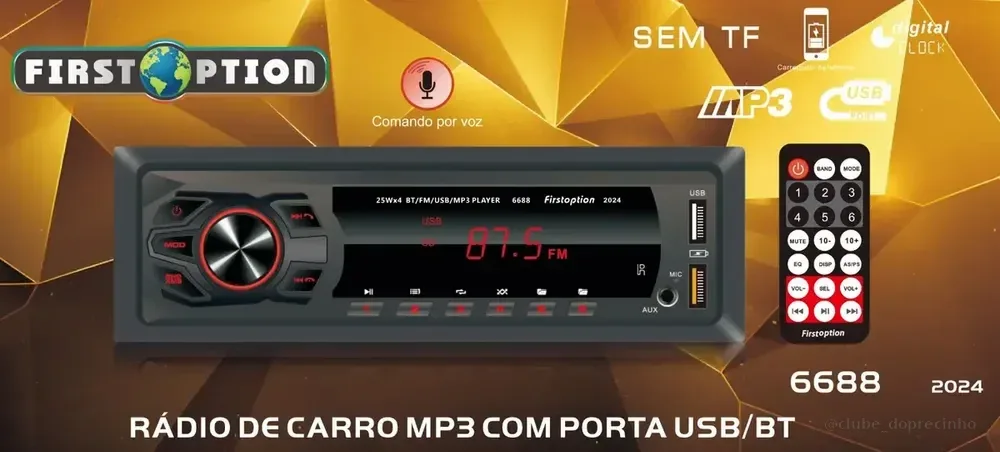 MP3 PLAYER FIRST OPTION 6688 2024 RADIO AUTOMOTIVO BLUETOOTH TOCA SOM CARRO 2 USB 1 DIN PENDRIVE