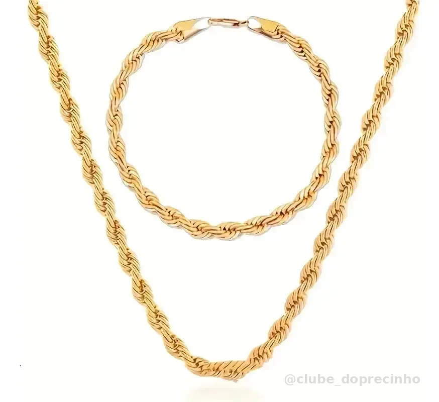 Kit Corrente Baiano Dourado Em Aço Inox + Pulseira Aço Inox Dourado
