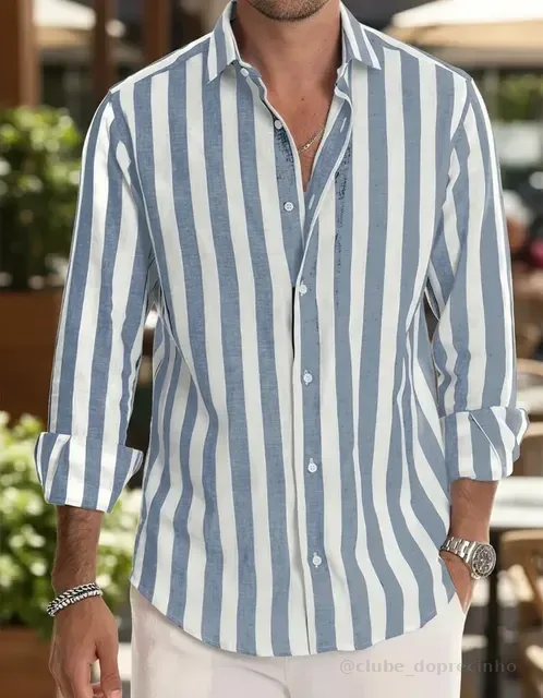 Camisa Masculina De Manga Comprida Com Botões E Listrada
