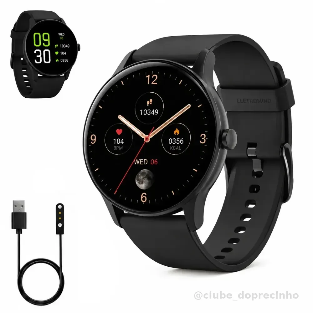 Smartwatch Inteligente Relógio Eletromind Bluetooth Chamadas Ip68 À Prova D'água Redondo Monitoramento Sono Saúde Esporte Preto