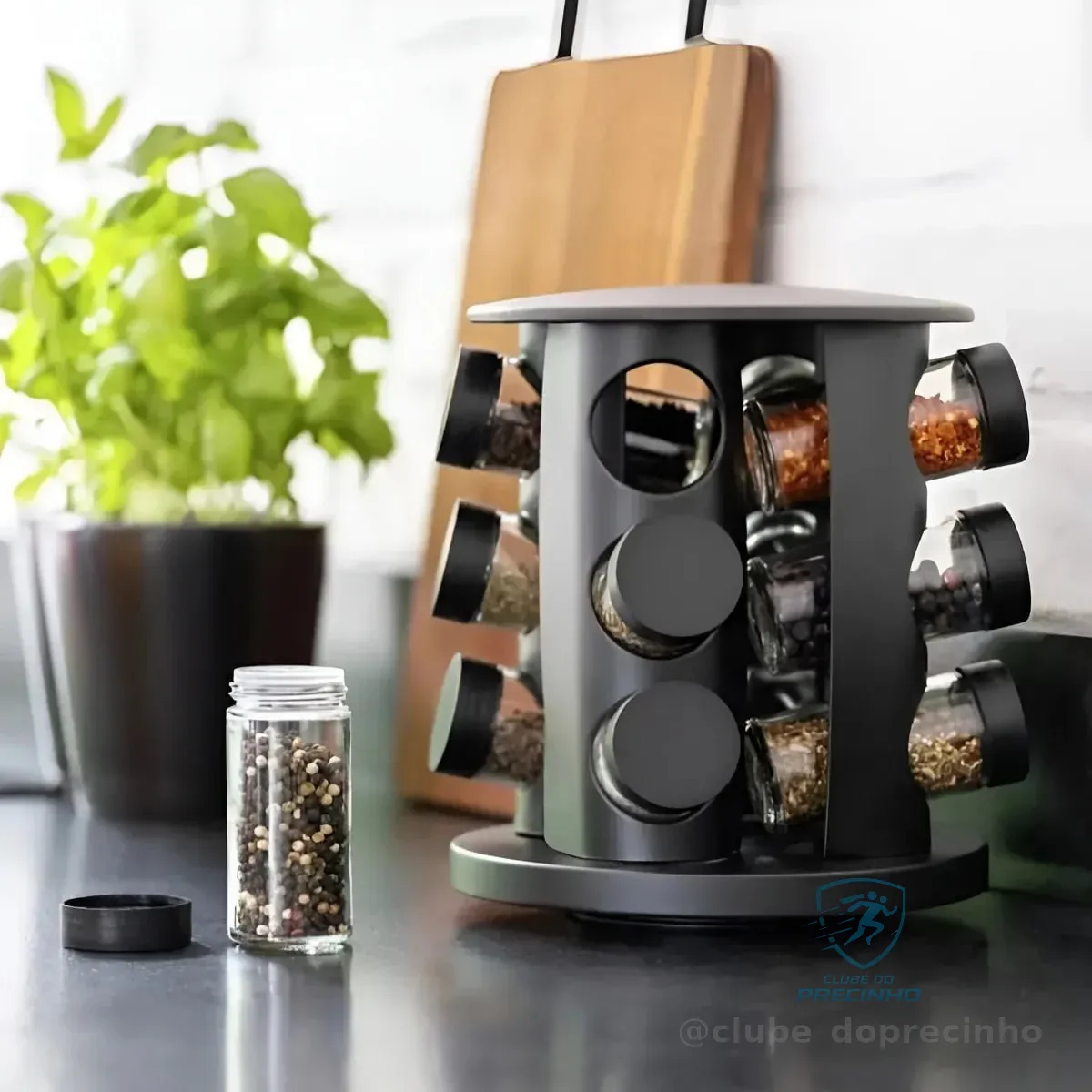 Porta Condimentos Temperos Giratório 9 Potes De Vidro Preto Preto