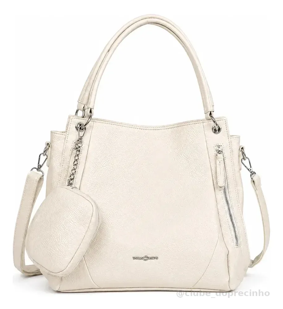 Bolsa Tiracolo Feminina Grande Bege em Couro PU, Estilo Elegante, com Alça Ajustável, Fechamento em Zíper e Múltiplos Co
