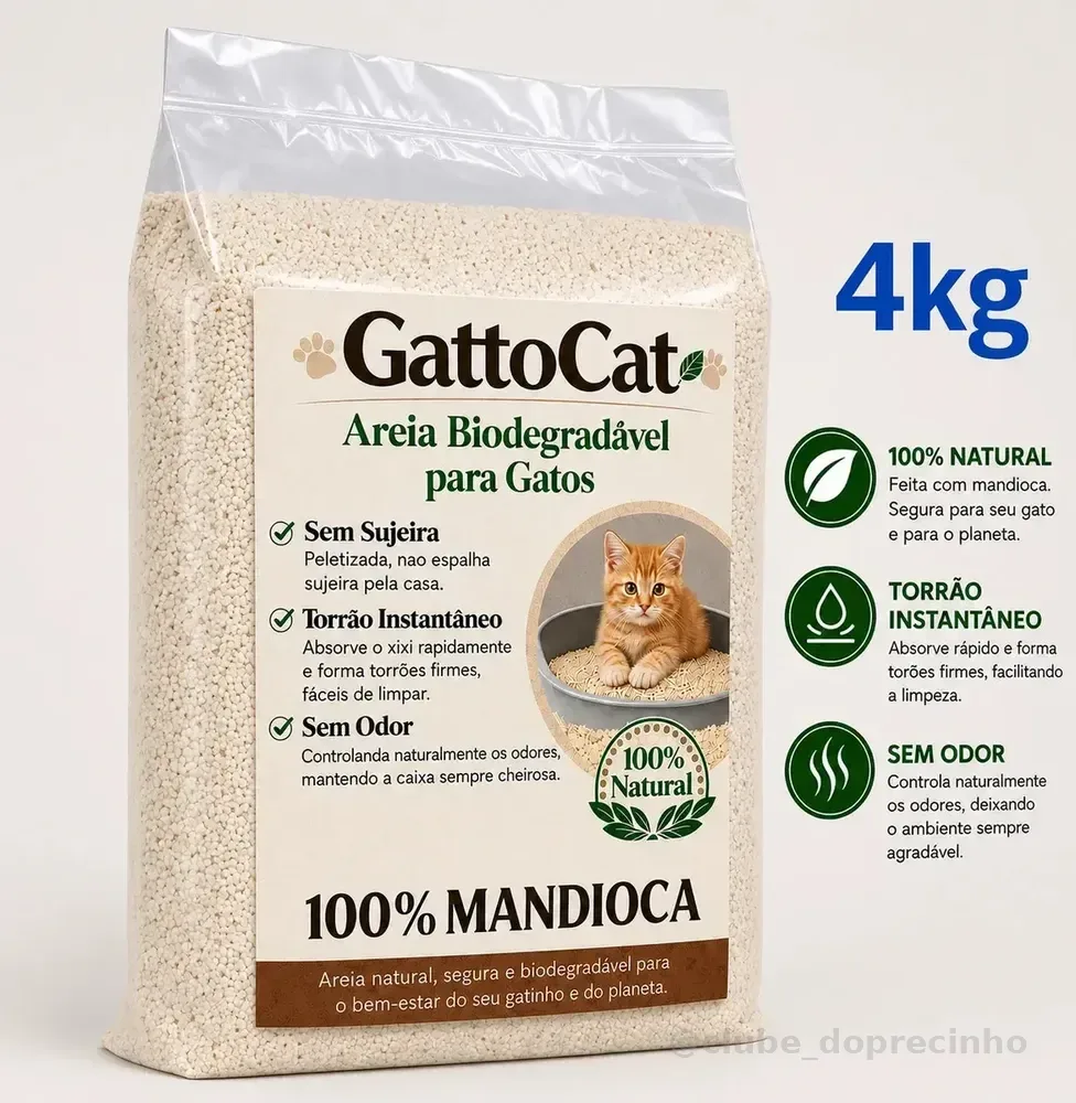 Areia Biodegradável 4kg Fina 100% Mandioca Sanitária Para Gatos Zero Odor Zero Poeira Torrão Instantâneo- GattoCat Limpeza Higiênica Descarte no Vaso Leveza Sem Rastro