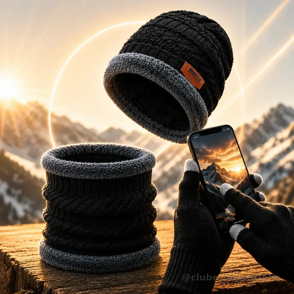 Kit Touca Gorro Cachecol Luva Touch Inverno Frio Masculino Preto Un Liso