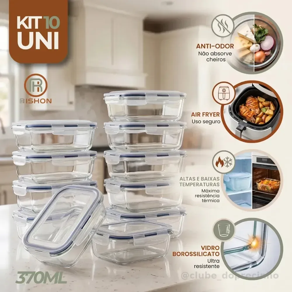 Kit 10 Pote De Vidro Marmita Hermético 370ml Freezer Fitness Rishon