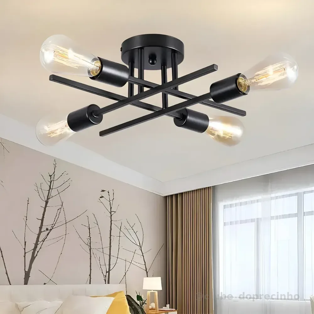 Luminária Lustre Teto Moderno Pendente Para Sala Sala Jantar Preto 4 Lâmpadas