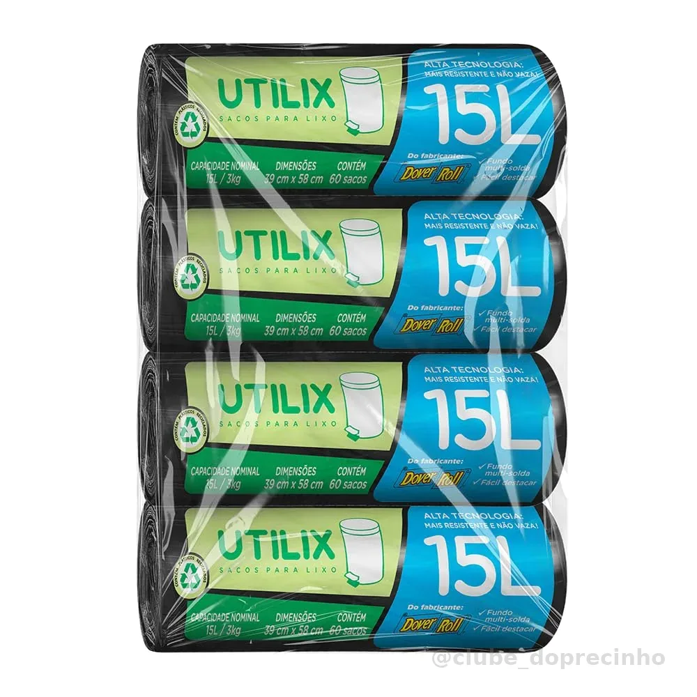 Kit com 4 unidades - Utilix, 15 litros, Preto, 60 sacos/unidade