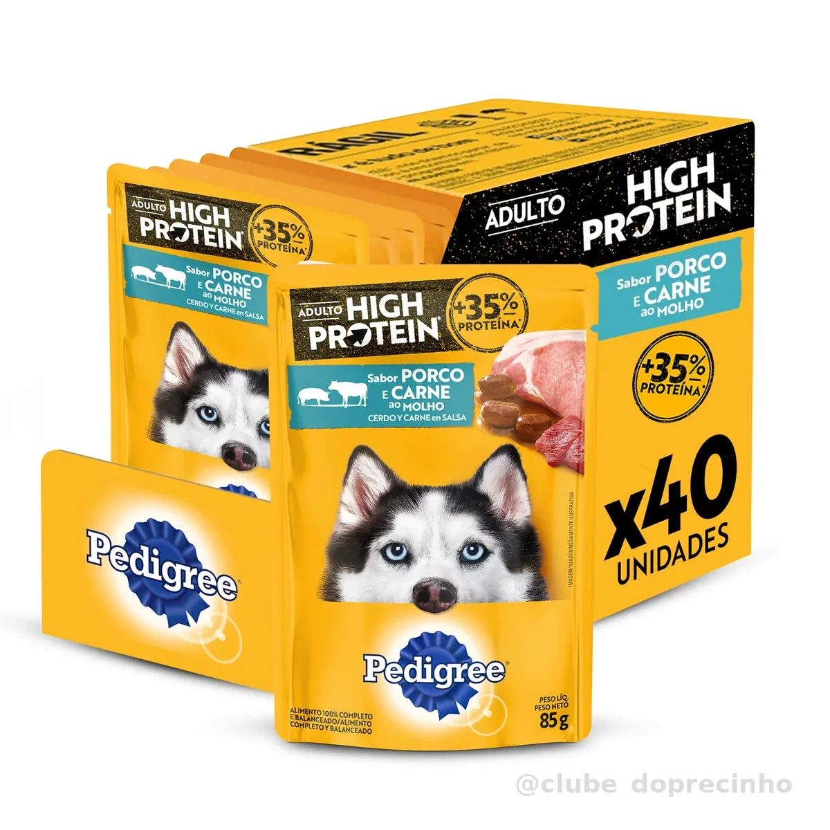 Pack Ração Úmida Pedigree Sachê High Protein Cães Adultos Porco e Carne Ao Molho 85 g - 40 unidades