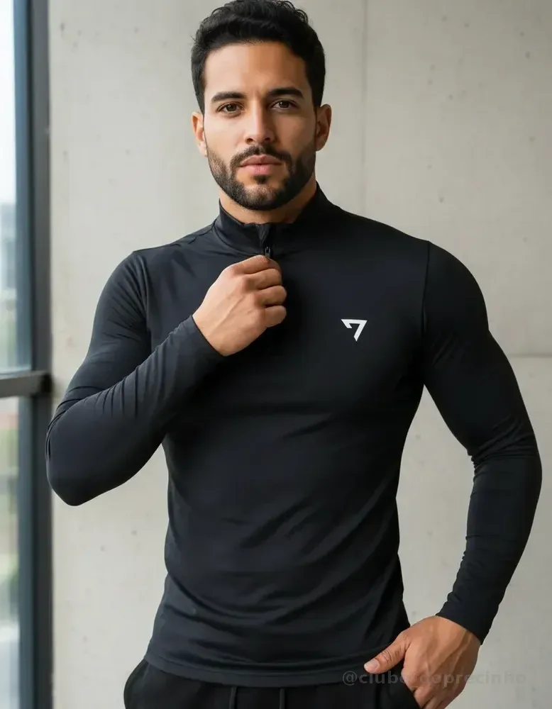 Camisa Térmica Masculina Segunda Pele Manga Longa Com Zíper Preto G