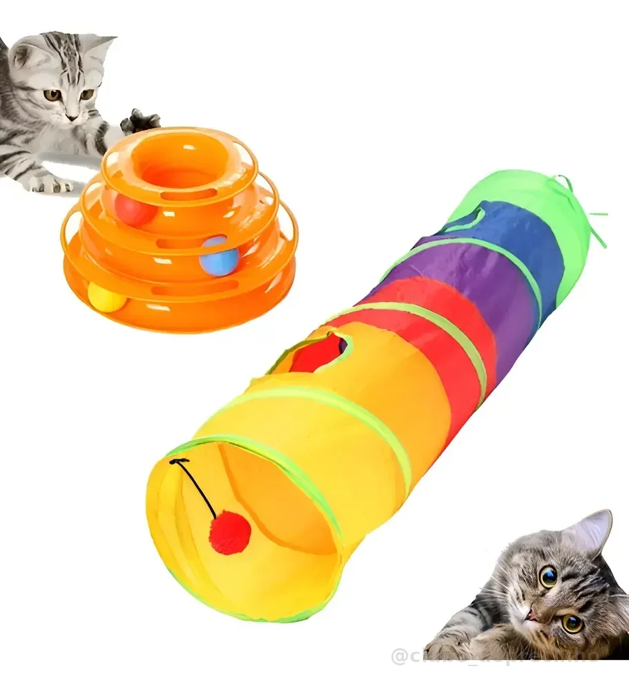2 Brinquedo Interativo Gato Torre + Tunel Labirinto Pet Bola Colorido