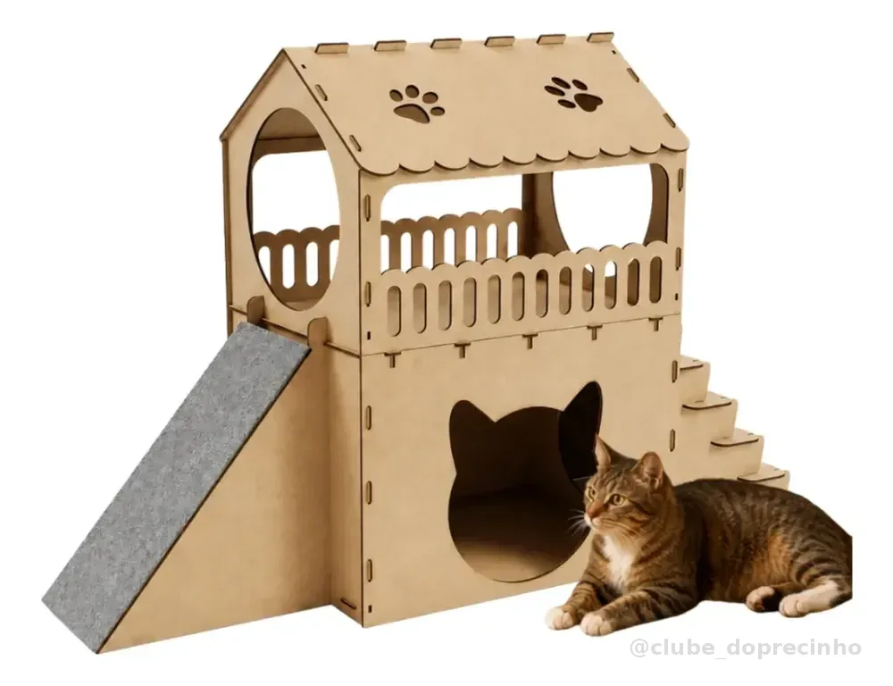 Casinha De Gato Com Arranhador Toca 2 Andares Brinquedo Bege