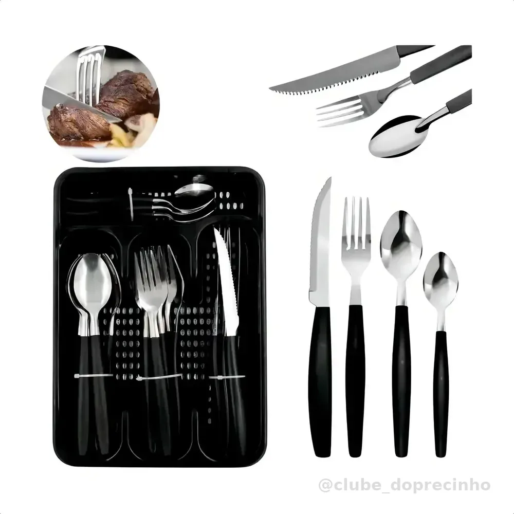 Kit Talheres 25 Pecas Porta Talher Luxo Premium Cor Preto Ke home Colher de Sopa Garfo Faca e Colher de Sobremesa