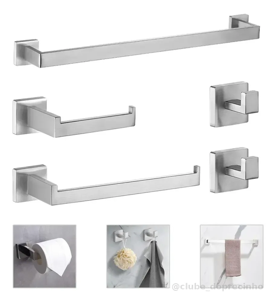 Kit 5 Conjunto Acessorios Suporte Banheiro Lavabo Inox 304 Prateado