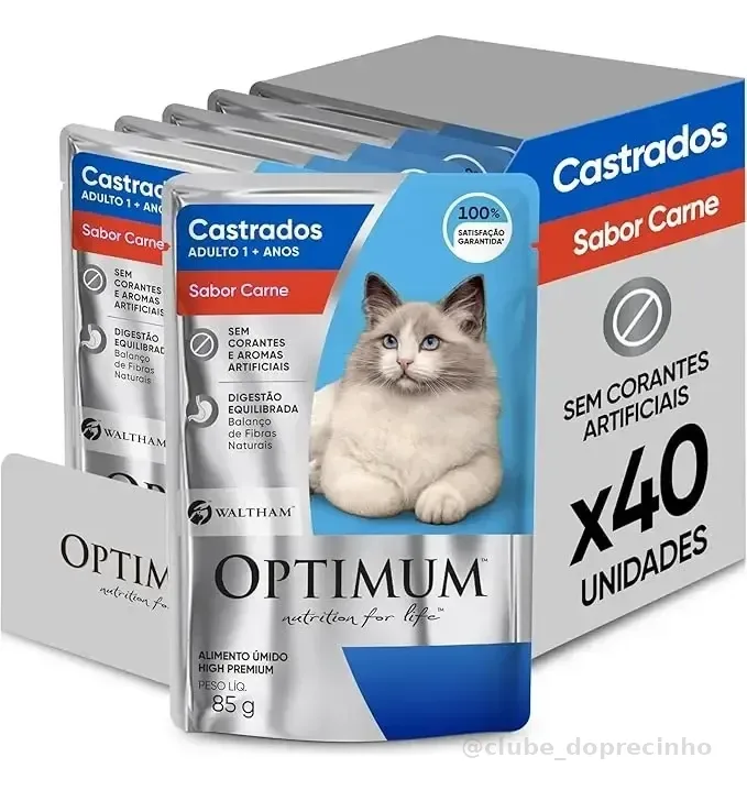 Pack Ração Úmida Optimum Sachê Castrados Carne 85g - 40 Und