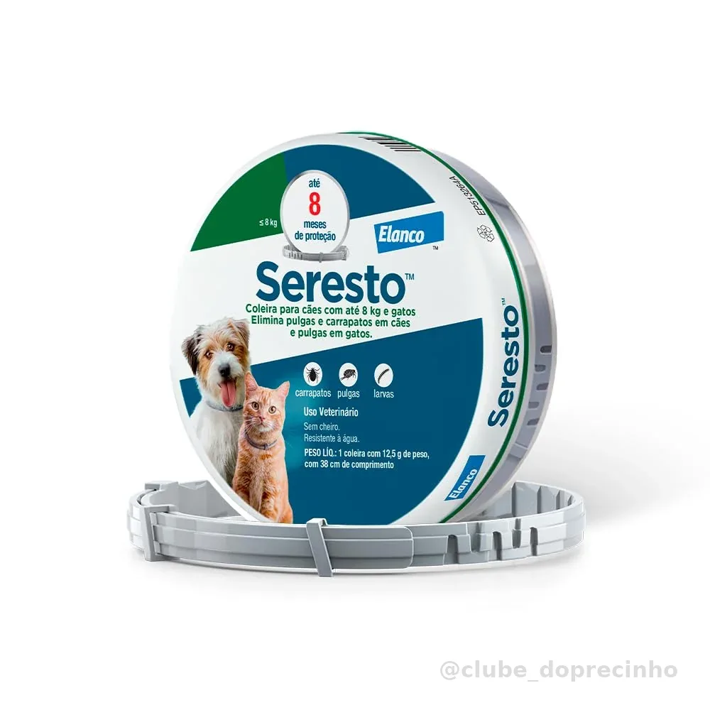 Coleira Seresto® anti-carrapatos e pulgas para cães e gatos de até 8kg