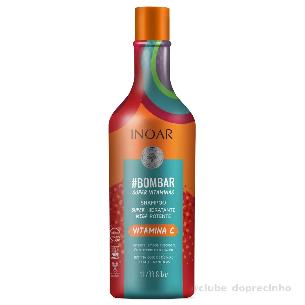Inoar, Bombar, Shampoo Fortalecedor, Crescimento e Hidratação Diária, Biotina, Vitamina C e Blend de Manteigas, Vegano – Para Todos os Tipos de Cabelos, 1L