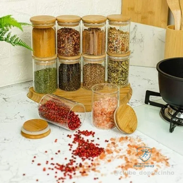 Kit 10 Potes De Mantimentos Herméticos Bambu 200ml Redondo De Vidro Tampa Vedação Alimentos Pítia Transparente