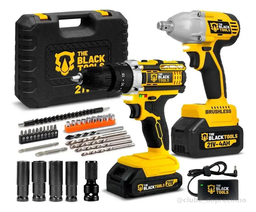 Combo Chave De Impacto A Bateria Brushless 430nm + Furadeira Parafusadeira De Impacto A Bateria 21v The Black Tools