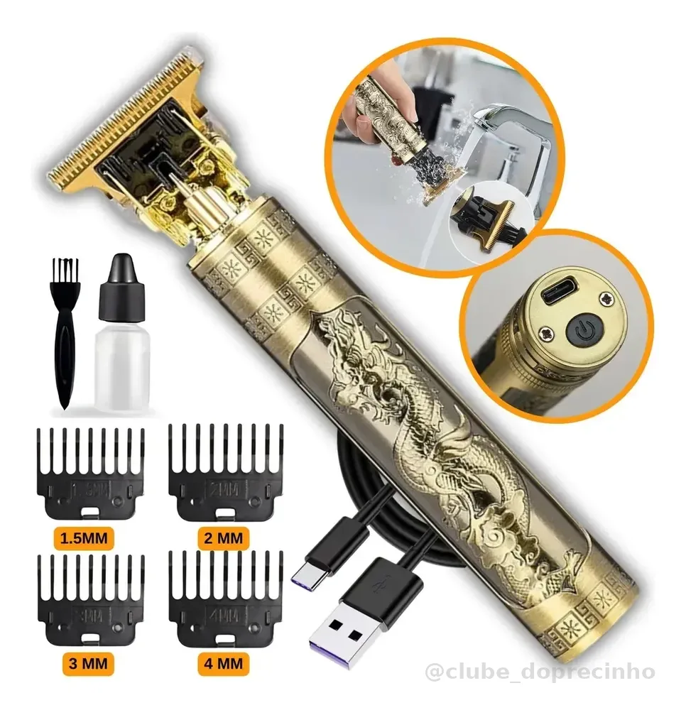 Máquina De Cortar Marca Kamufla Cabelo Sem Fio Barbeador Eletrico Aparador De Pelos Acabamento Motor Profissional 4 Pentes Recarregavel Usb Tipo C Dourada