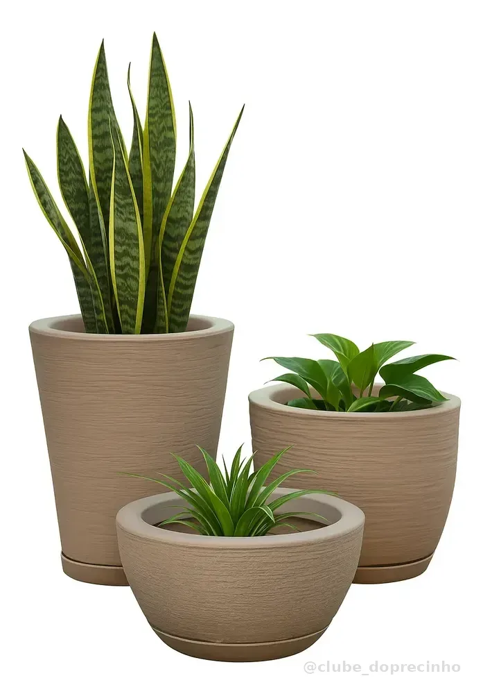 Kit 3 Vasos Polietileno Para Plantas Decorativo Cone Bacia Bege Escovado