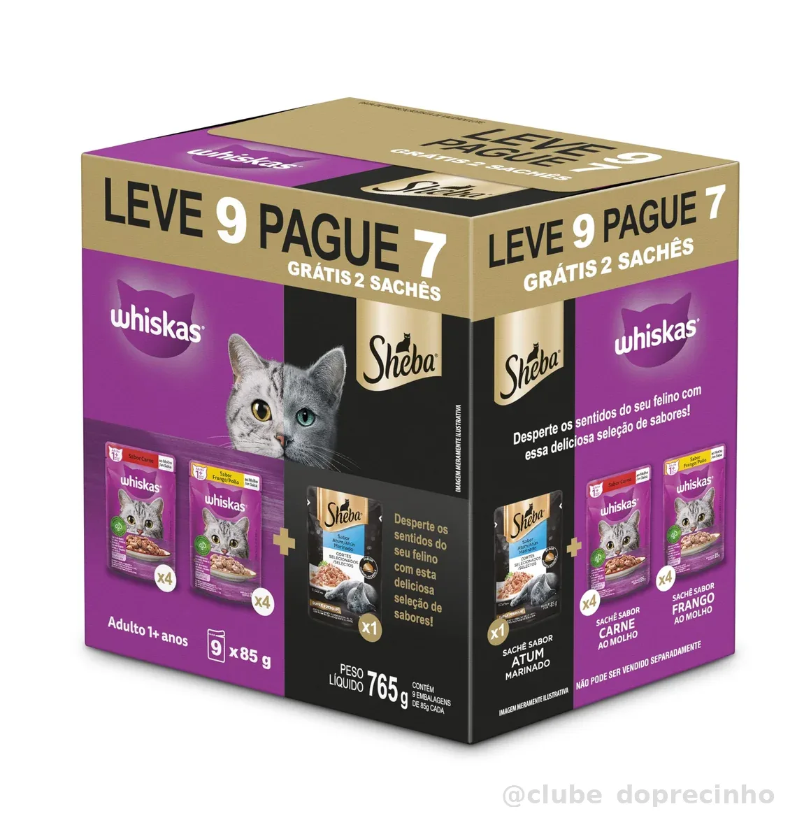 Pack Ração Úmida Whiskas Sachê Carne/Frango e Sheba Atum para Gatos Adultos - Leve 9 Pague 7